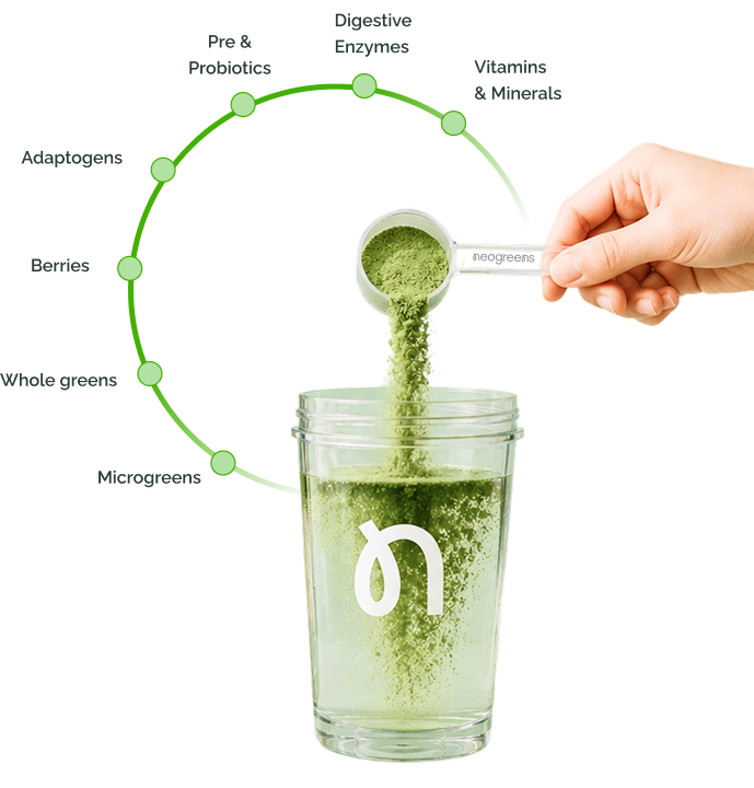 A hand holds a scoop of green powder above a clear jar, with the powder falling into the jar. A circular graphic labels the powder ingredients including pre & probiotics, digestive enzymes, vitamins & minerals, adaptogens, berries, whole greens, and microgreens.