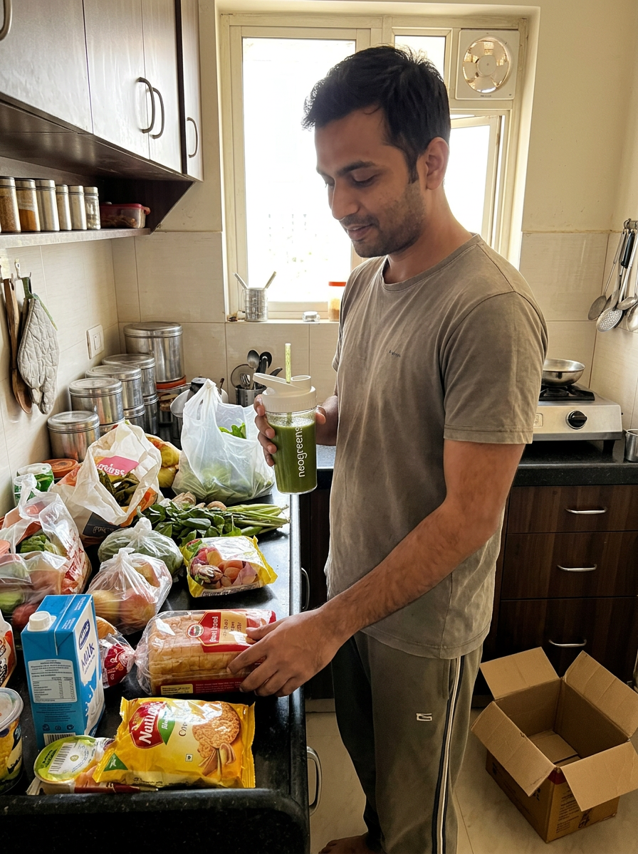 A man in a beige t-shirt and gray sweatpants stands in a kitchen, holding a green drink. The kitchen counter is heavily stocked with groceries, including packaged snacks, bread, vegetables, and a milk carton, with an open cardboard box on the floor nearby.