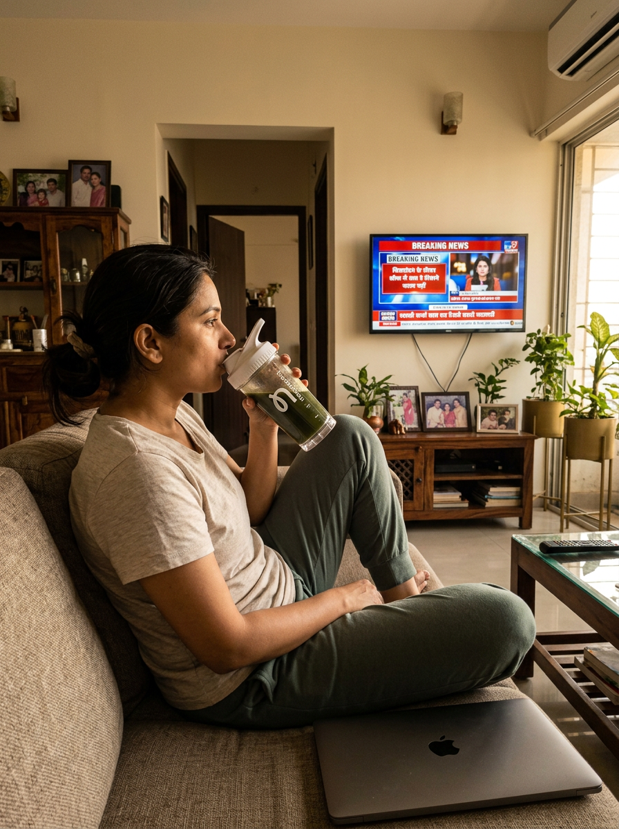 A woman sits on a beige sofa in a living room, drinking from a reusable tumbler. She is wearing a light beige t-shirt and olive green pants, with a closed silver laptop on the sofa in front of her.
