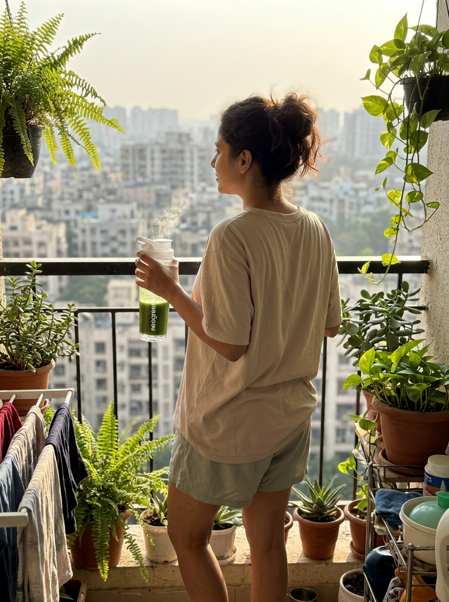 A woman stands on a balcony surrounded by potted plants, wearing a beige oversized t-shirt and light green shorts, holding a green drink with a straw.
