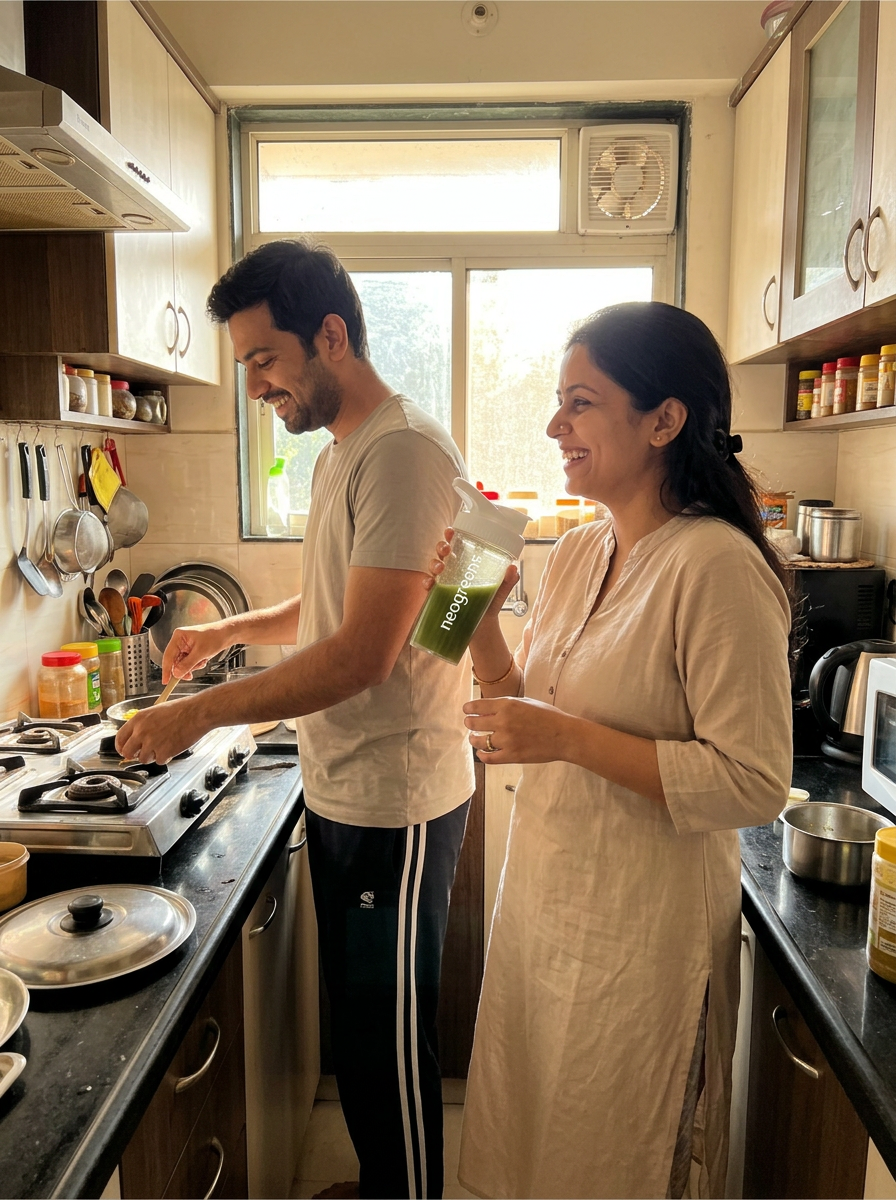 A man and a woman in a warm, sunlit kitchen. The woman holds a clear bottle with a white cap containing a green liquid, which has the brand name 'SABR' printed on it.