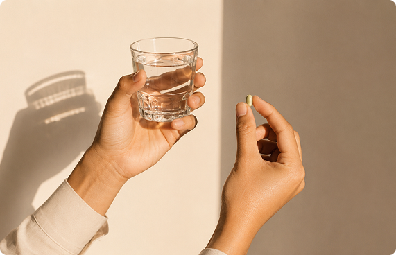 A person holds a clear glass of water in one hand while holding a small yellow-green pill in the other, set against a warm beige background with soft shadows.