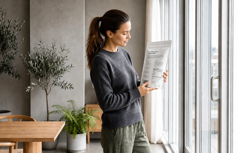 A woman in a gray knit sweater and olive green pants stands by a large window, reading a white product pouch. The scene is set in a modern interior with a wooden dining table, potted plants, and a concrete wall.