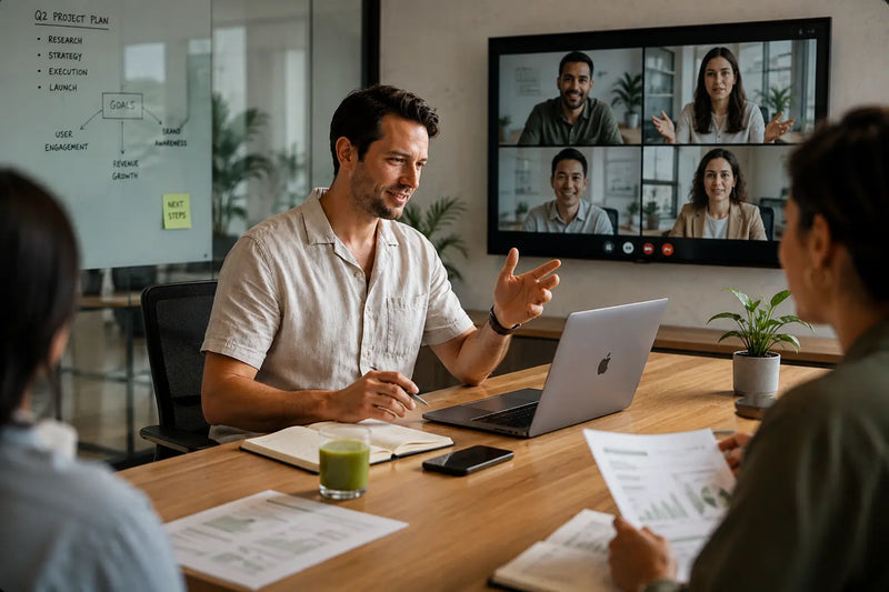 A man in a light beige short-sleeve shirt sits at a wooden conference table, gesturing with his hand while speaking to colleagues. An Apple laptop is open in front of him, and a large wall-mounted video conference screen behind him shows multiple participants.