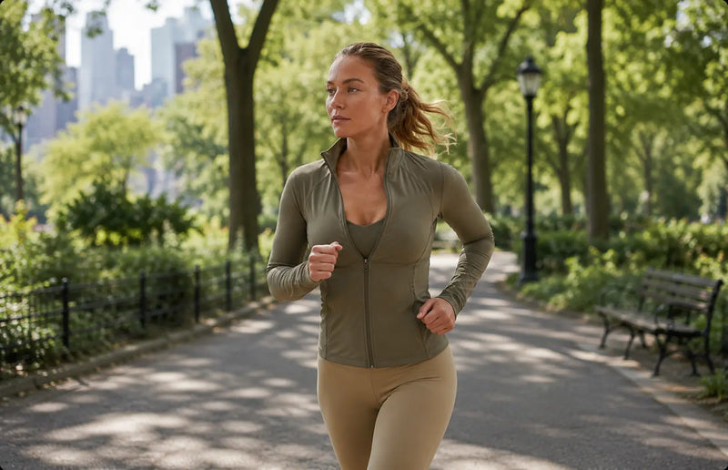 A woman jogging on a tree-lined park path wearing an olive green athletic zip-up jacket and tan leggings.