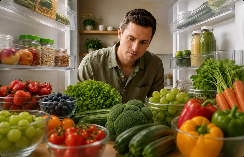 Healthy green vegetables and leafy greens arranged fresh on a table.