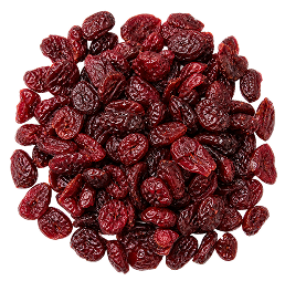 A pile of dried cranberries in deep red and dark purple tones, photographed on a plain white background.