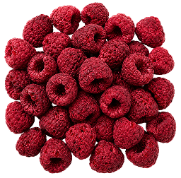 A pile of fresh, red raspberries on a solid white background.