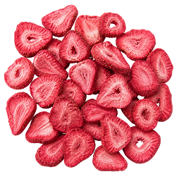 A pile of dried, sliced strawberries with visible seeds, showing their deep red color and textured surfaces, isolated on a white background.