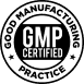 A circular black and white GMP (Good Manufacturing Practice) certified sticker or decal, featuring a white center with a black GMP logo and a black outer ring with the text 'GOOD MANUFACTURING PRACTICE' and 'CERTIFIED'.