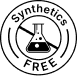 A circular black-and-white logo or label reading 'synthetical free' with a small flask icon in the center, shown on a plain white background.