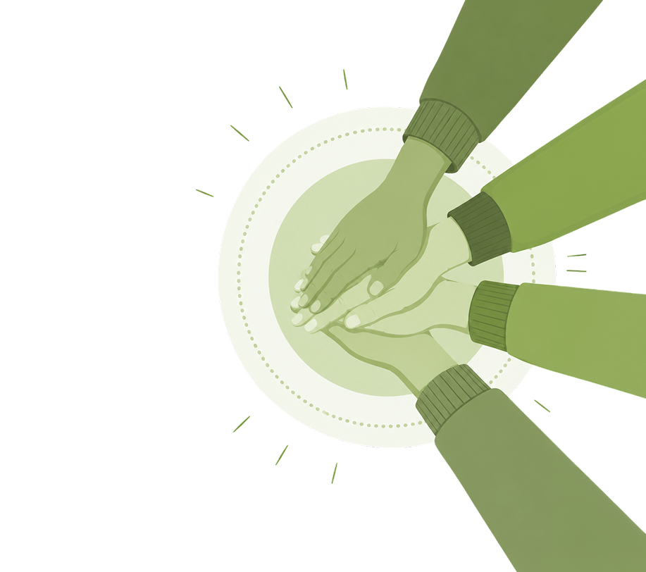 Illustrated graphic of several hands stacked together in the center, wearing green and olive green knit cuffs, set against a white background with a light green circular dotted outline and small green ray accents.