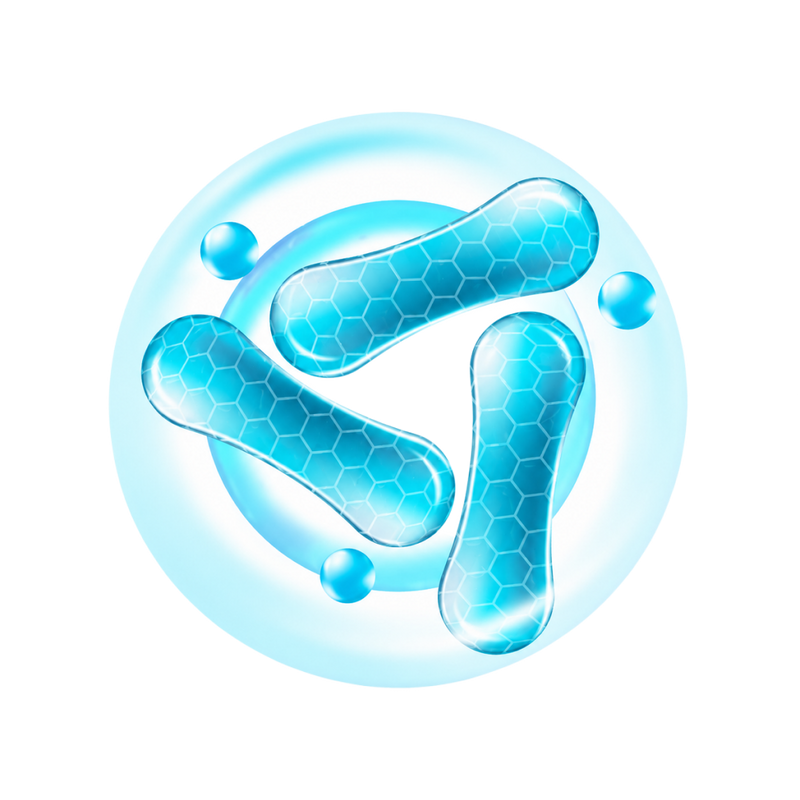 A digital graphic illustration of three blue, hexagonal-patterned microbeads or capsules floating inside a translucent light blue protective bubble on a solid white background.
