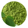 A circular close-up of bright green powder with a few green leaves on the left side, likely a botanical extract or herbal powder.