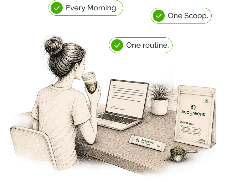 Illustrated lifestyle scene of a woman sitting at a desk with a laptop and coffee, with three green checkmark circles reading 'Every Morning,' 'One Scoop,' and 'One routine.' beside a stand-up pouch of neogreens Daily Greens and a single stick pack on the desk.